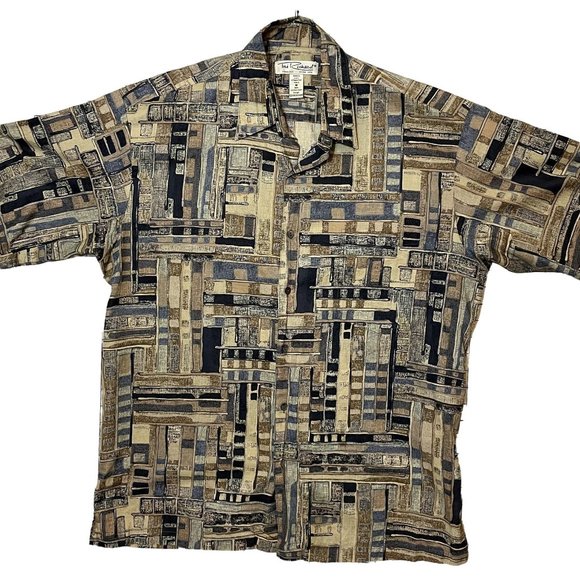 Tori Richard Blue and Tan Geometric Mens Short Sleeve Cotton Lawn Hawaiian Shirt - Picture 1 of 6